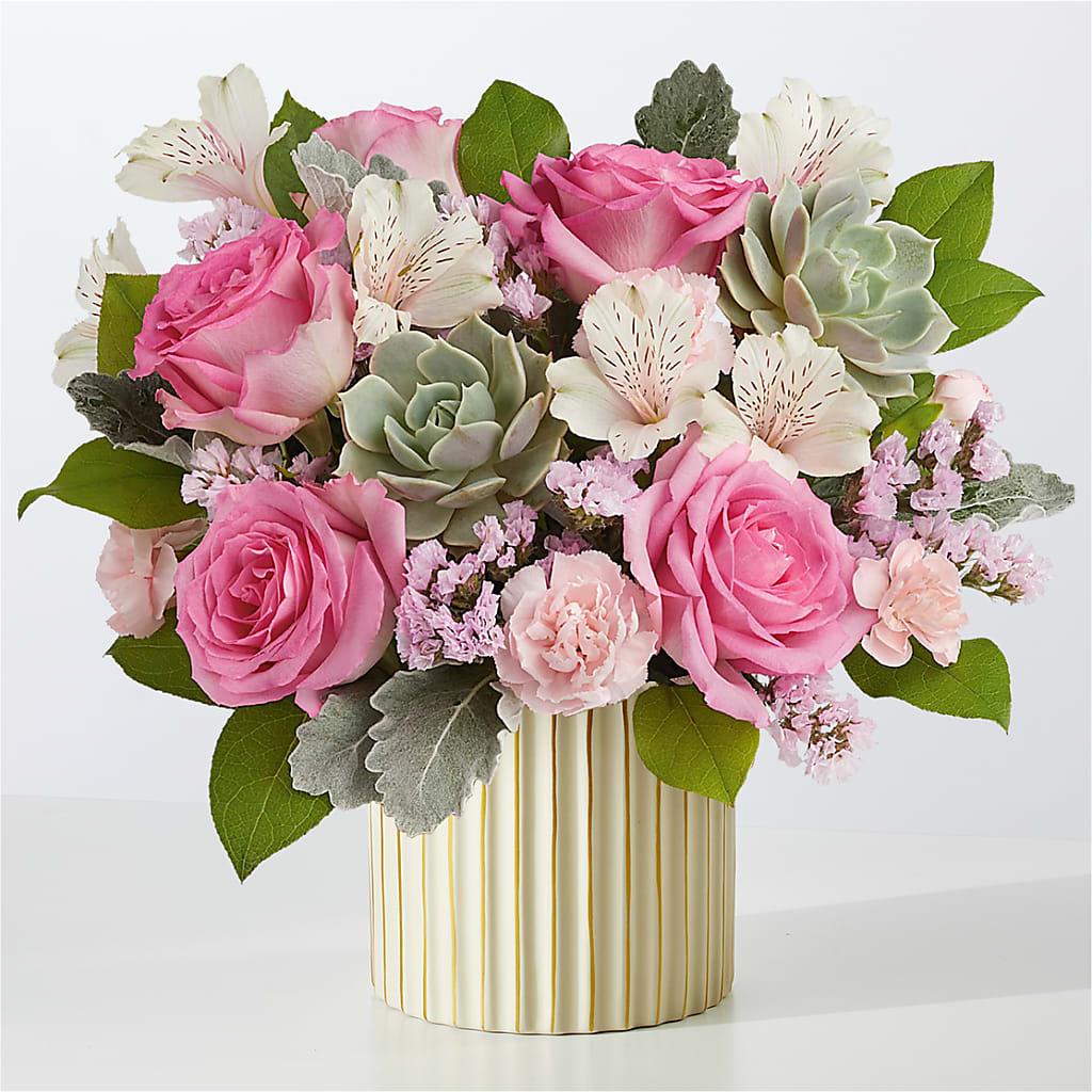 Dusty Rose Bouquet with Ivory Vase – Randalls, Pleasanton CA