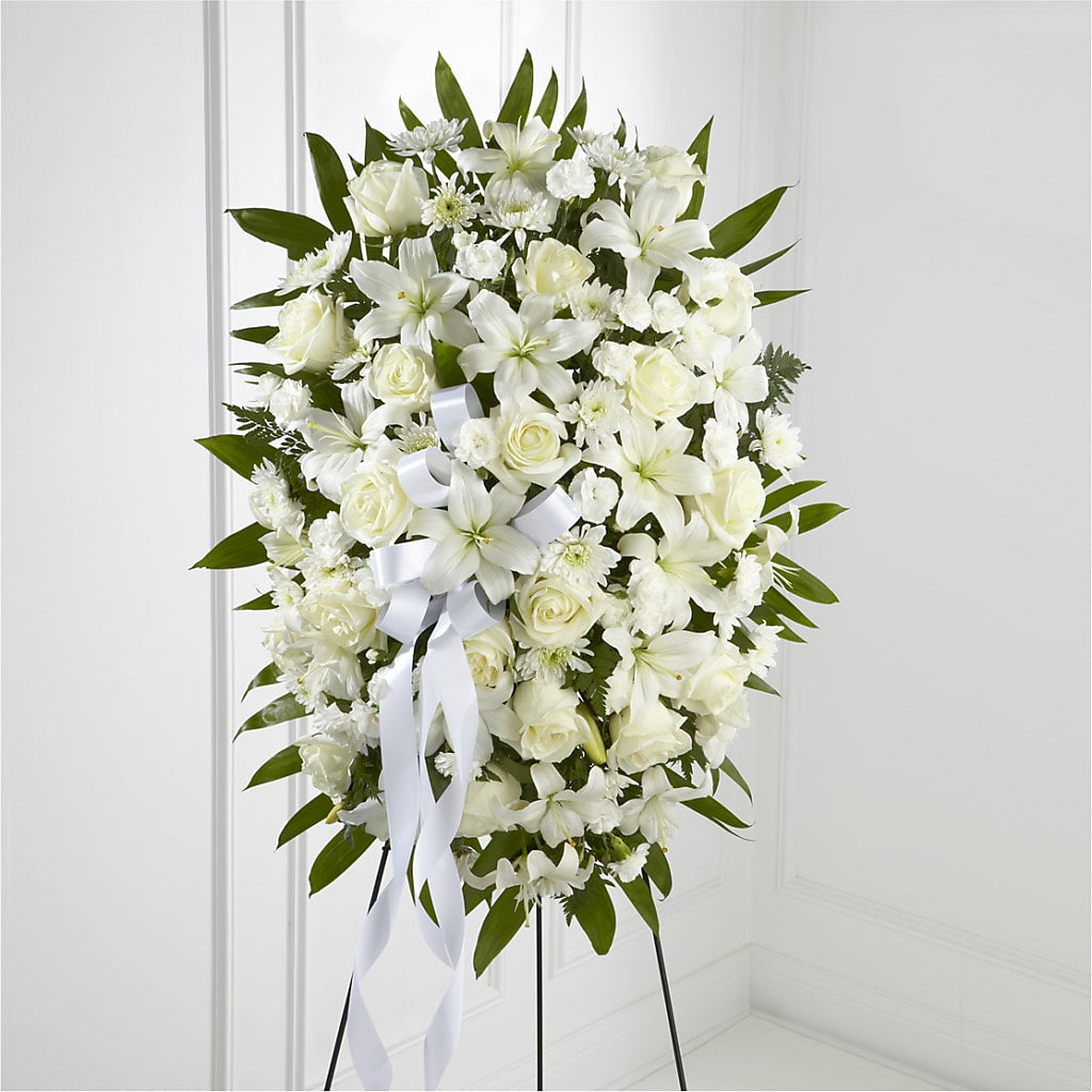 Exquisite Tribute Standing Spray-White Ribbon – Randalls, Pleasanton CA