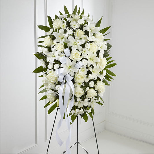 Exquisite Tribute Standing Spray-White Ribbon –  Randalls, Pleasanton CA