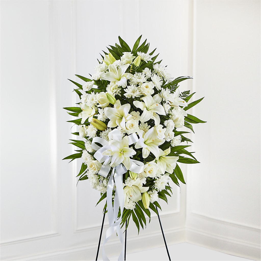 Exquisite Tribute Standing Spray-White Ribbon –  Randalls, Pleasanton CA